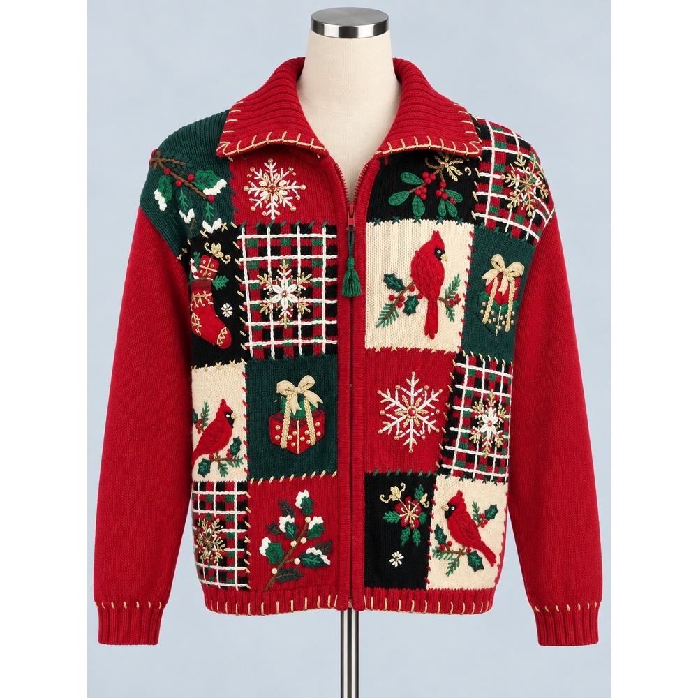 Heirloom Collectibles Christmas Ugly Sweater S Holiday Patchwork Zip Cardigan